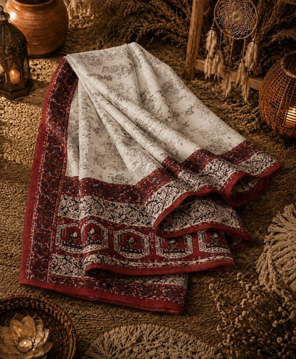 Chanderi Cotton Saree in Off-White with Maroon Heritage Border and Traditional Figurative Print Design