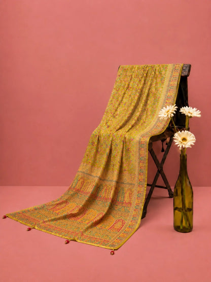 Pure Kashmiri Kani Silk Saree in Mustard Yellow with Floral Buta Weave & Paisley Pallu