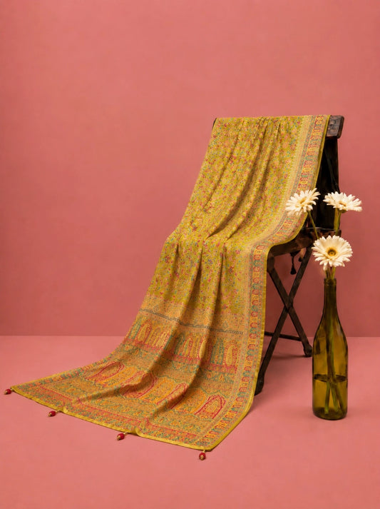 Pure Kashmiri Kani Silk Saree in Mustard Yellow with Floral Buta Weave & Paisley Pallu