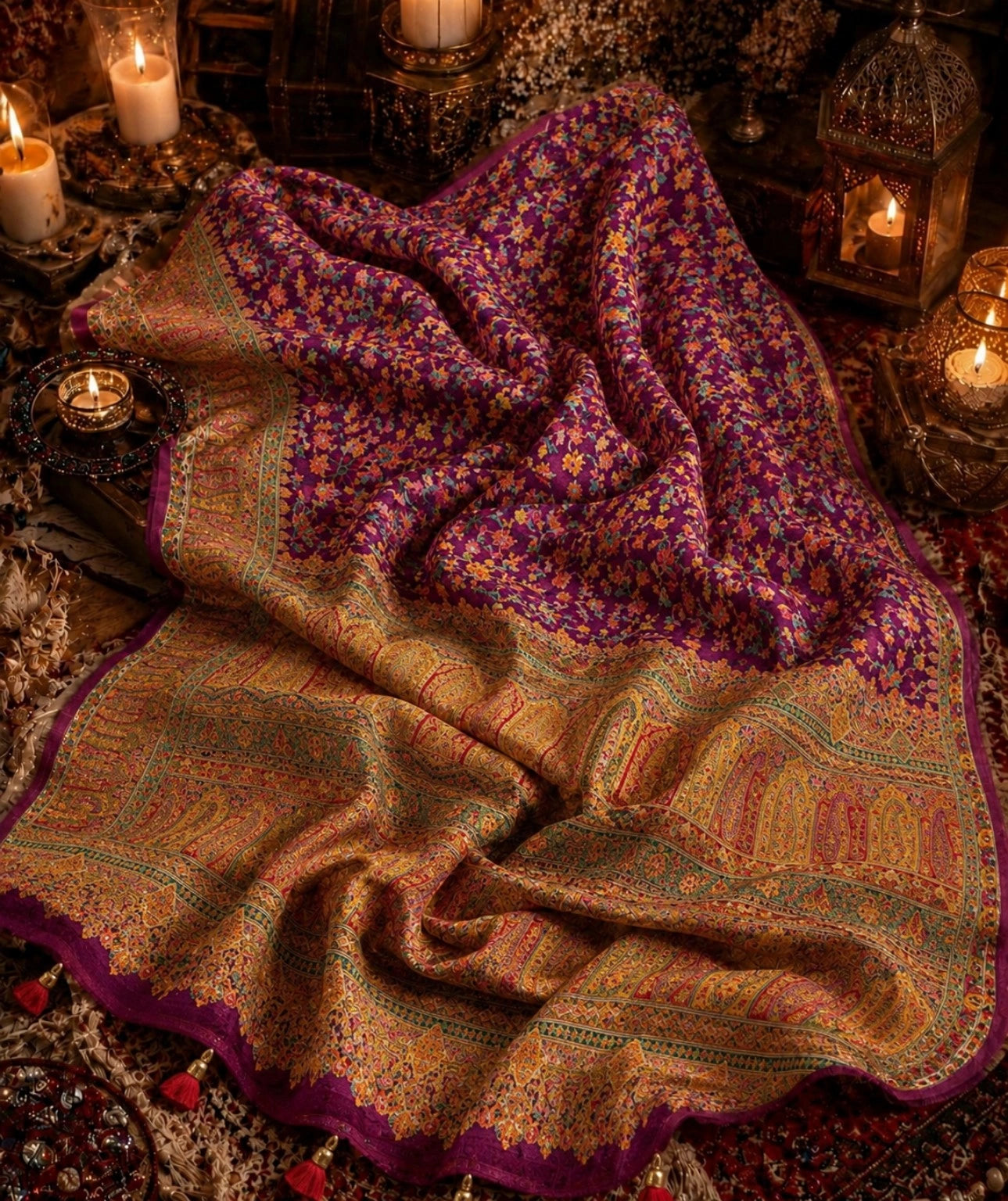 Purple Pure Kashmiri Kani Silk Saree with Intricate Floral Weave & Traditional Paisley Pallu