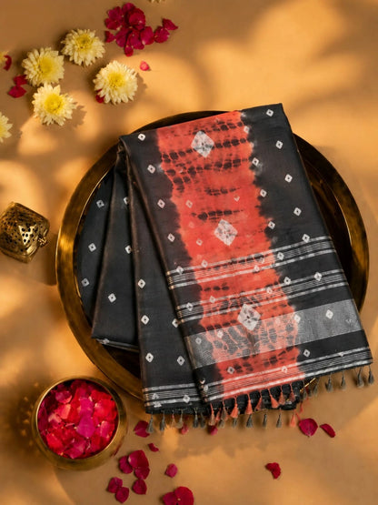 Black & Rust Bandhej Print Linen Saree with Silver Woven Border