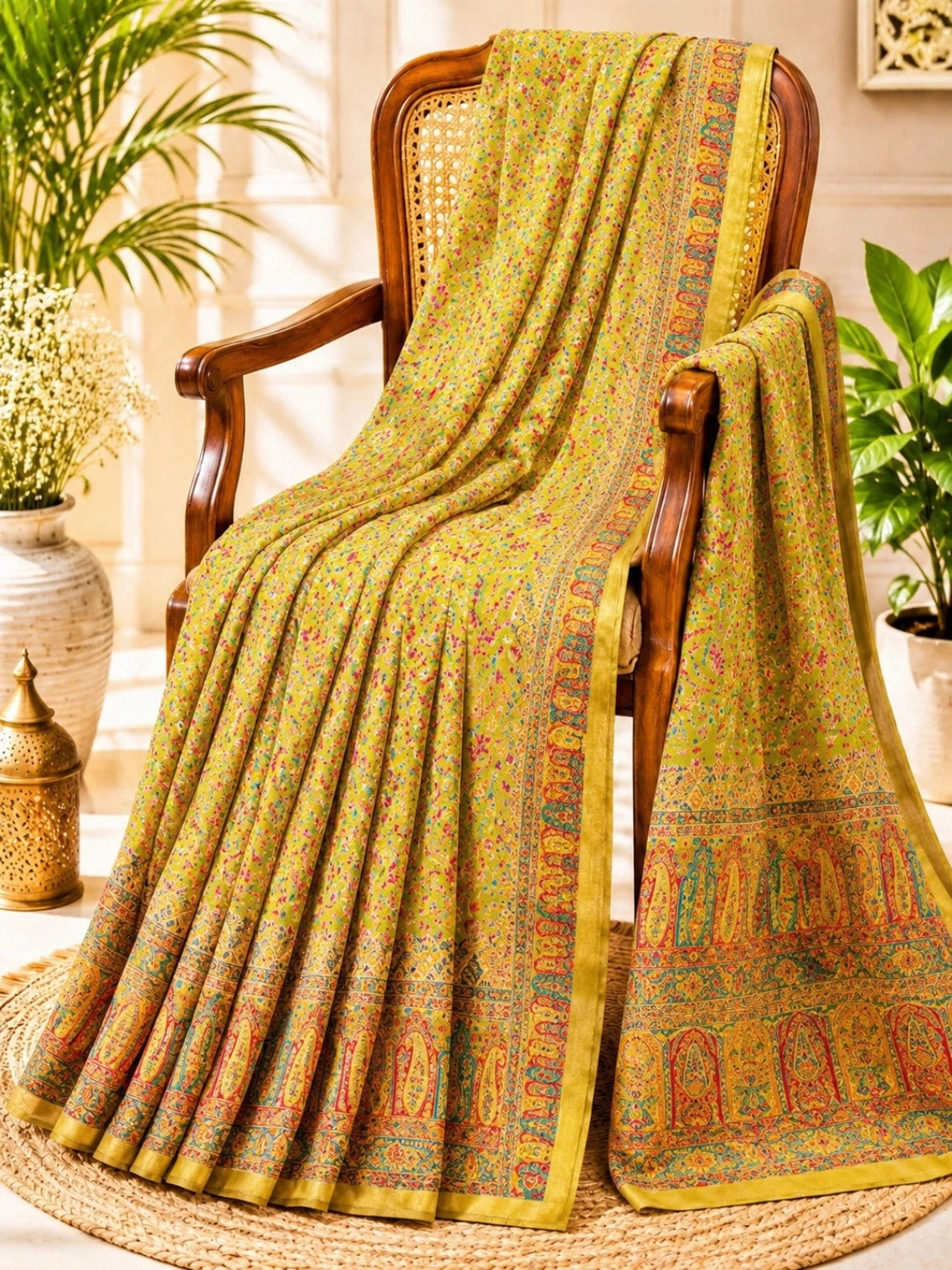 Pure Kashmiri Kani Silk Saree in Mustard Yellow with Floral Buta Weave & Paisley Pallu