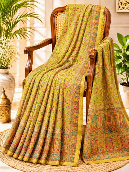 Pure Kashmiri Kani Silk Saree in Mustard Yellow with Floral Buta Weave & Paisley Pallu