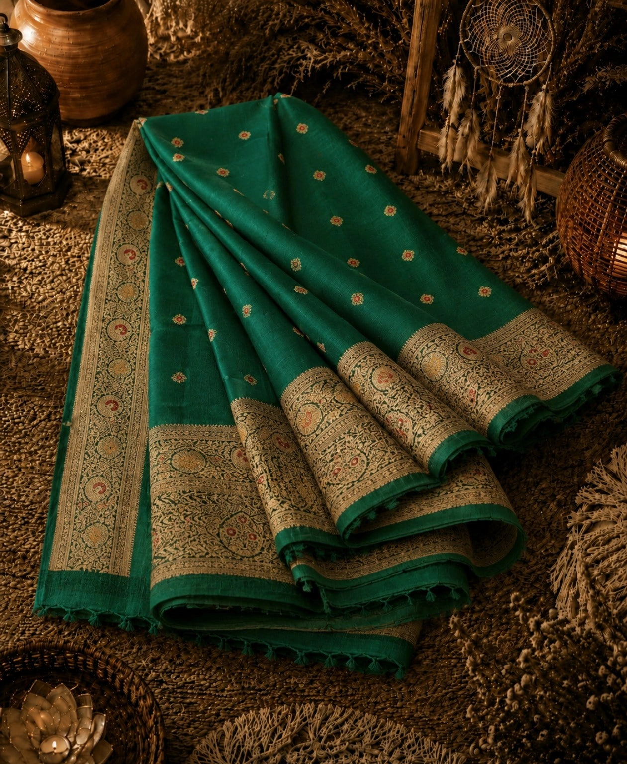 Emerald Green Katan Paithani Silk Minakari Saree with Rich Zari Floral Border & Traditional Woven Pallu