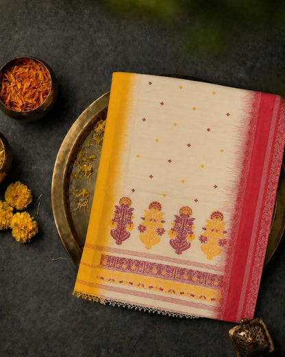 Cotton Jamdani Ganga Jamuna Border Saree in Off-White & Mustard Yellow with Floral Woven Motifs