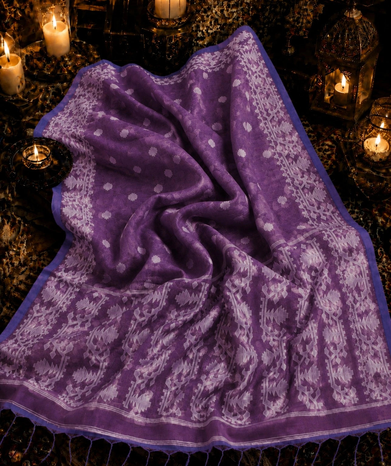 Purple Muslin Jamdani Saree with White Floral Buti & Traditional Geometric Pallu