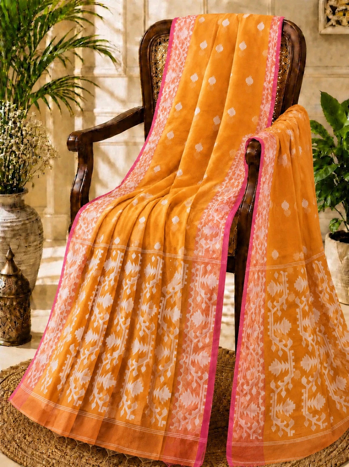 Mustard Orange Muslin Jamdani Saree with White Geometric Woven Motifs & Pink Border