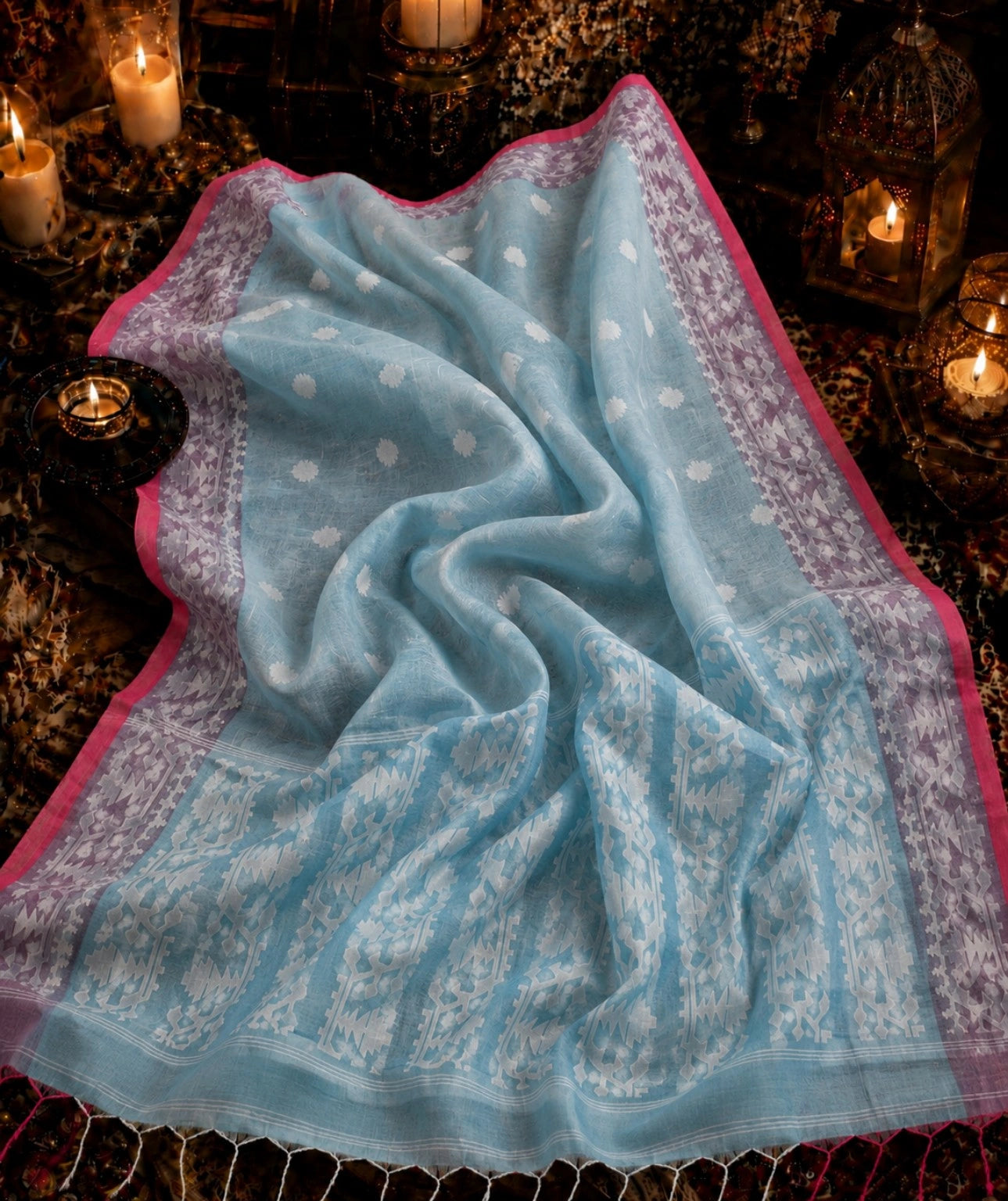 Sky Blue Muslin Jamdani Saree with White Geometric Woven Motifs & Contrast Pink Border
