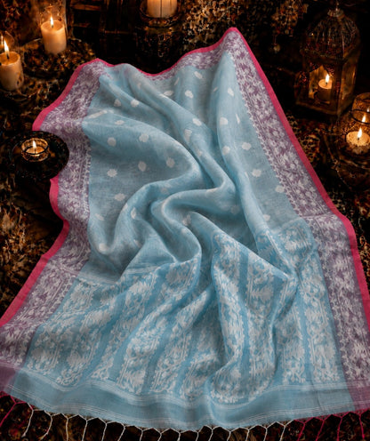 Sky Blue Muslin Jamdani Saree with White Geometric Woven Motifs & Contrast Pink Border