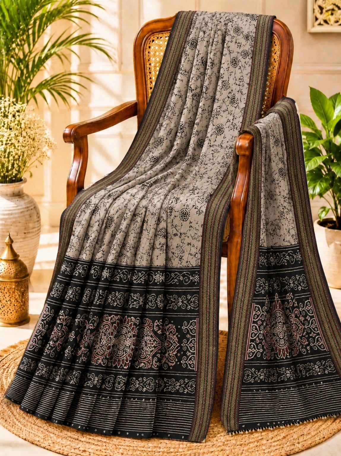 Grey & Black Floral Printed Chanderi Cotton Saree with Ornamental Border Design