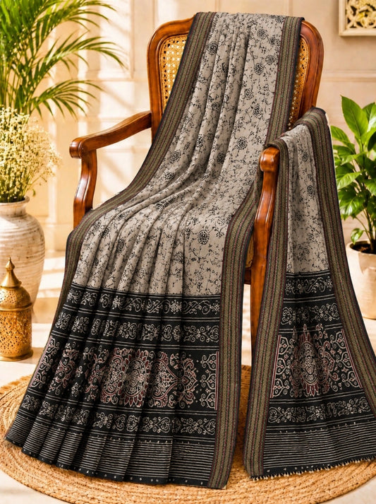 Grey & Black Floral Printed Chanderi Cotton Saree with Ornamental Border Design
