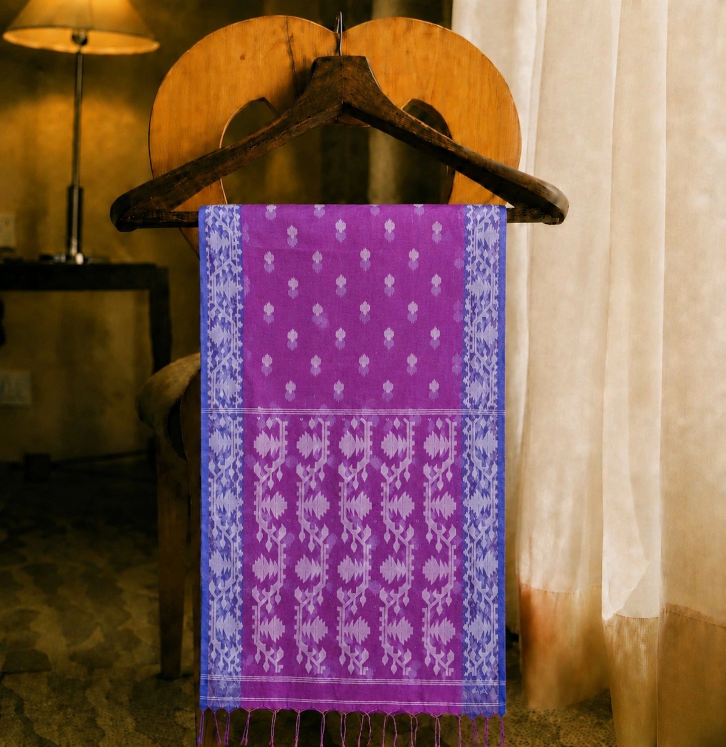 Purple Muslin Jamdani Saree with White Floral Buti & Traditional Geometric Border