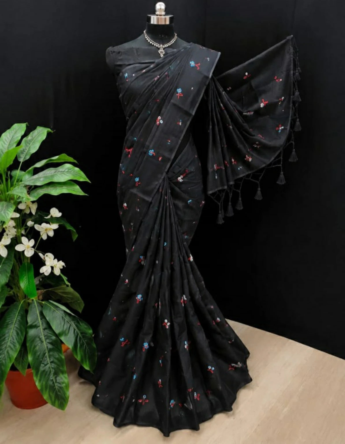 Black Mul Cotton Embroidery Saree with Multicolor Floral Buti & Tassel Pallu