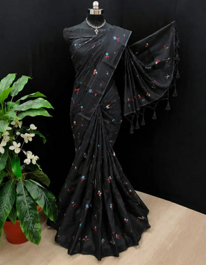 Black Mul Cotton Embroidery Saree with Multicolor Floral Buti & Tassel Pallu