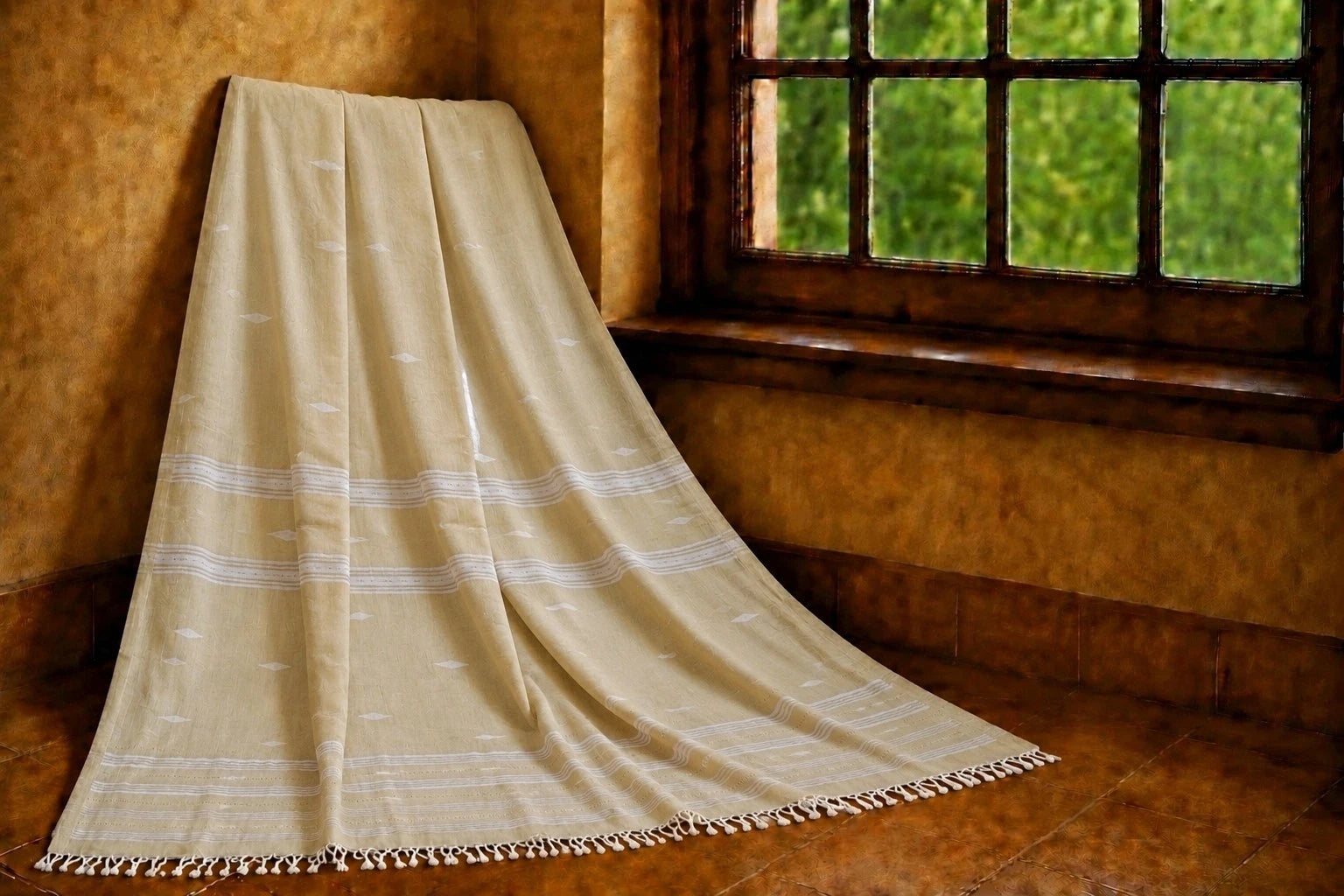 Beige Pure Mul Cotton Hand Weaving Jamdani Buta Saree with White Woven Stripes & Tassel Pallu