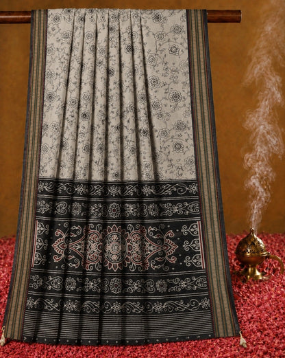 Grey & Black Floral Printed Chanderi Cotton Saree with Ornamental Border Design