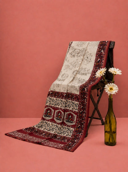 Chanderi Cotton Saree in Off-White with Maroon Heritage Border and Traditional Figurative Print Design