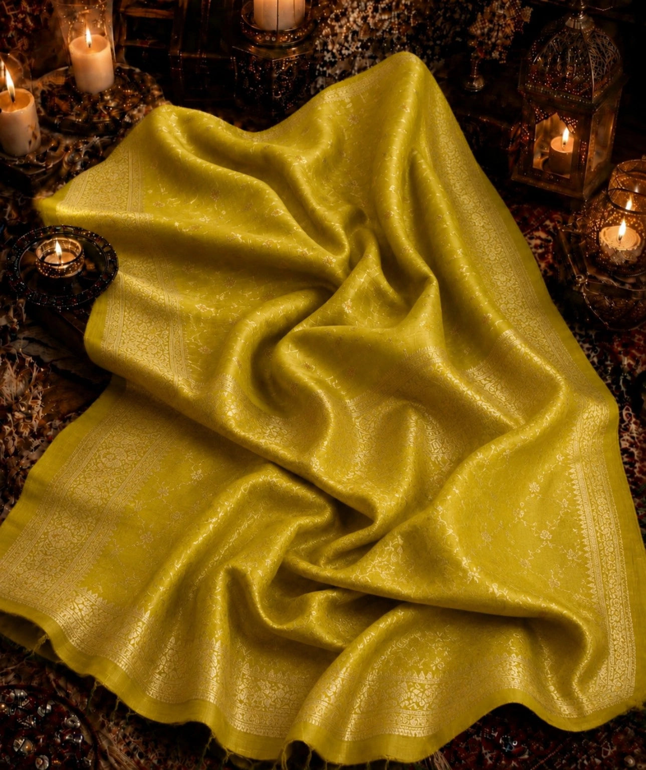Olive Green Semi Katan Kanjivaram Silk Saree with Floral Woven Border & Elegant Traditional Design