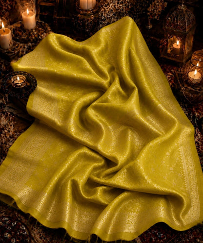 Olive Green Semi Katan Kanjivaram Silk Saree with Floral Woven Border & Elegant Traditional Design