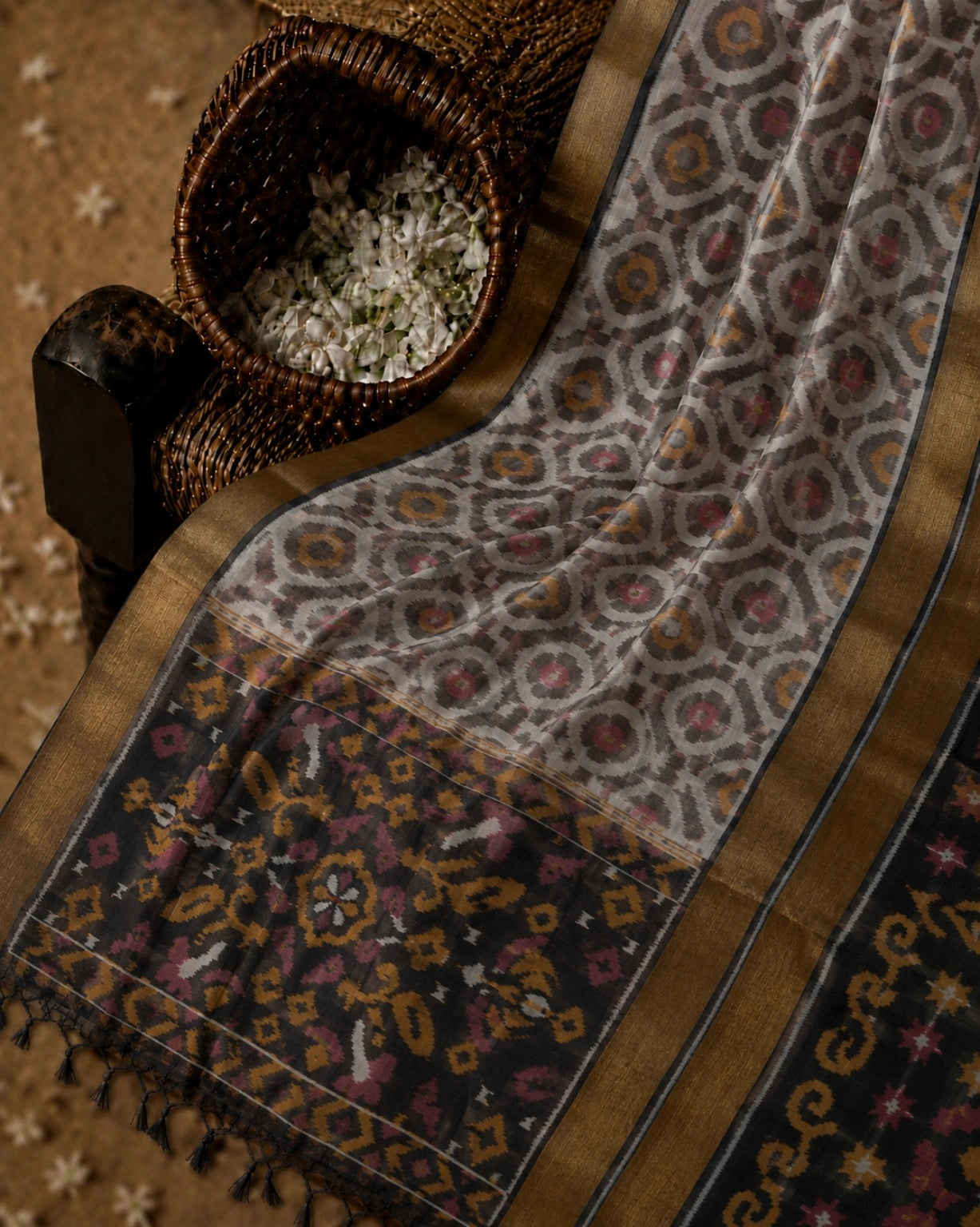 Pure Sico Pochampally Saree in Taupe Grey with Traditional Ikat Geometric Motifs & Dark Contrast Pallu