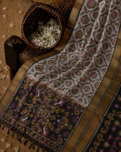 Pure Sico Pochampally Saree in Taupe Grey with Traditional Ikat Geometric Motifs & Dark Contrast Pallu