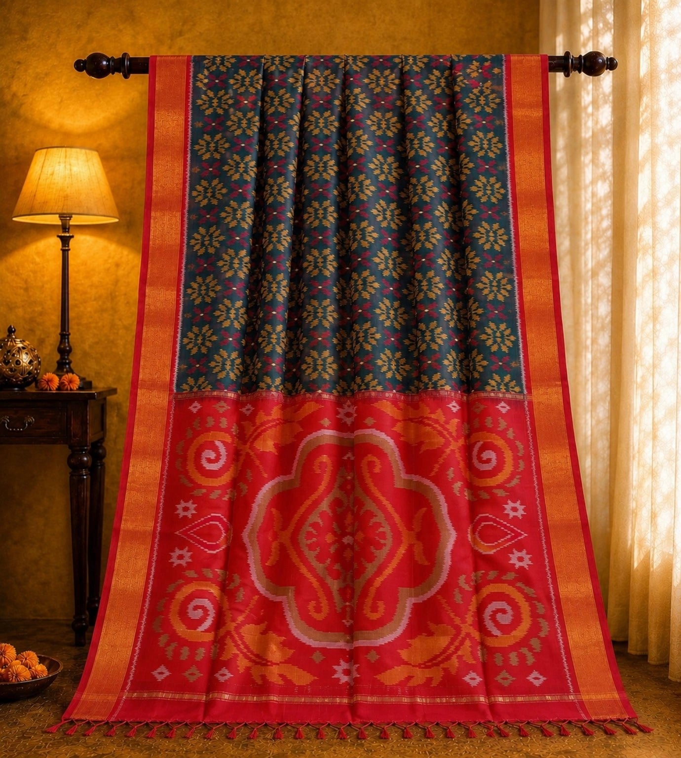 Red & Navy Blue Sico Pochampally Saree with Ikat Floral Pallu and Zari Border