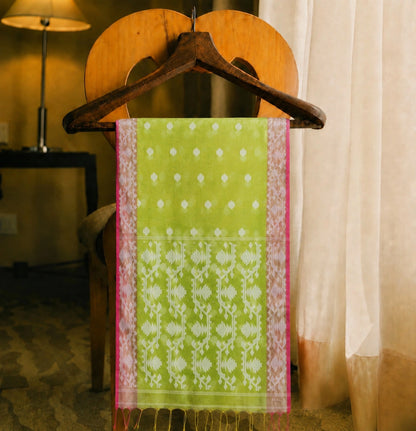 Lime Green Muslin Jamdani Saree with White Traditional Woven Motifs & Pink Border