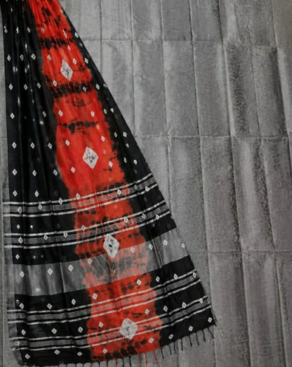 Black & Rust Bandhej Print Linen Saree with Silver Woven Border
