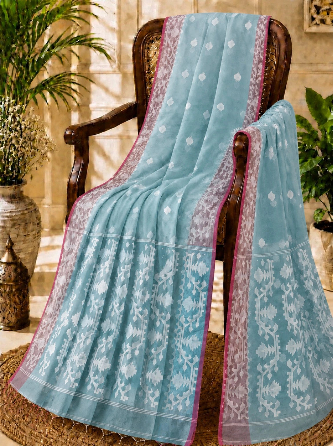 Sky Blue Muslin Jamdani Saree with White Geometric Woven Motifs & Contrast Pink Border