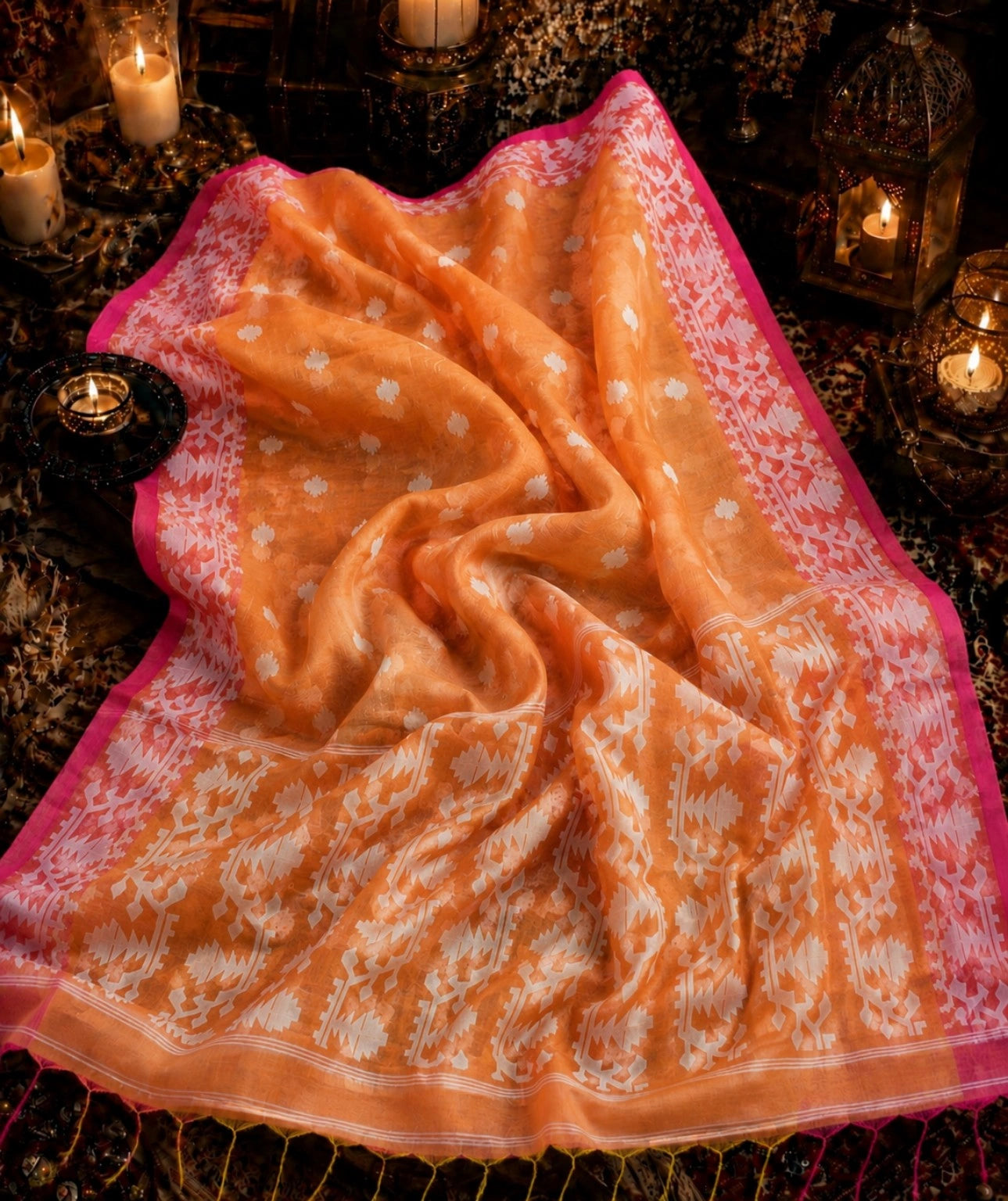 Mustard Orange Muslin Jamdani Saree with White Geometric Woven Motifs & Pink Border