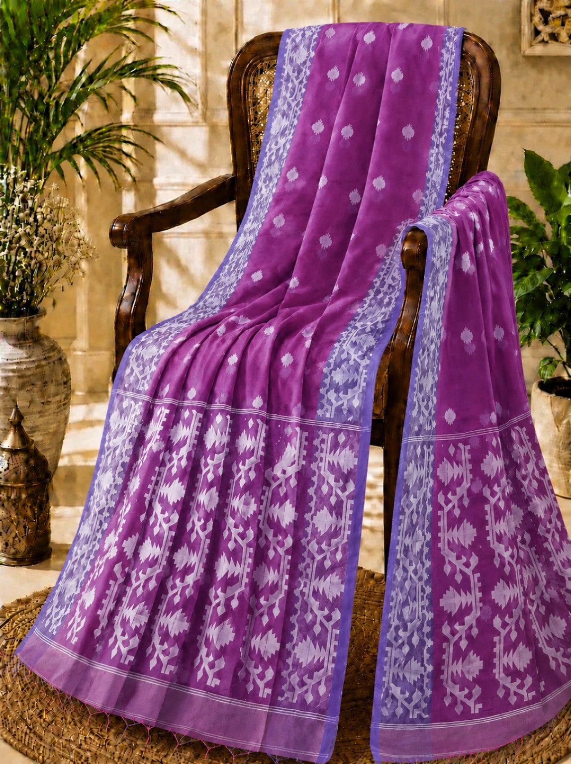 Purple Muslin Jamdani Saree with White Floral Buti & Traditional Geometric Border