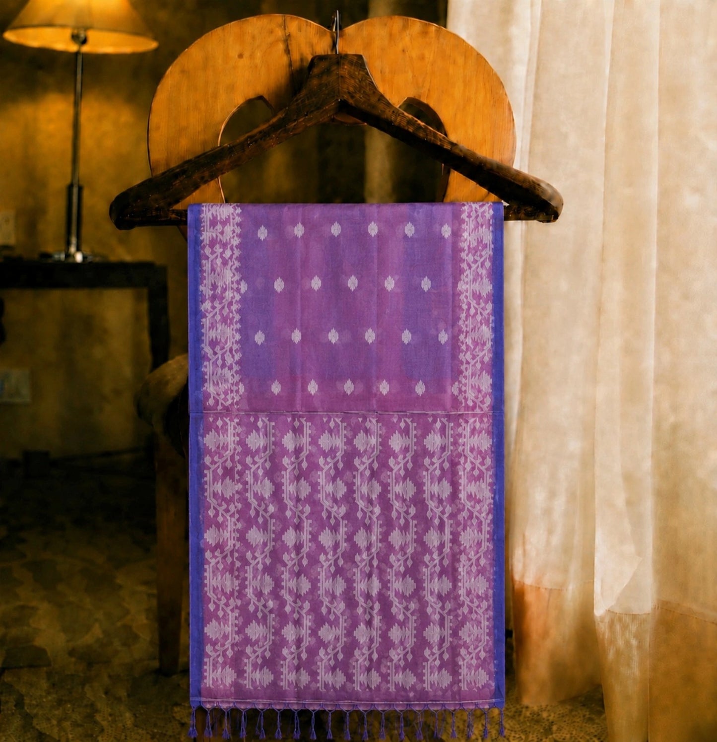 Purple Muslin Jamdani Saree with White Floral Buti & Traditional Geometric Pallu