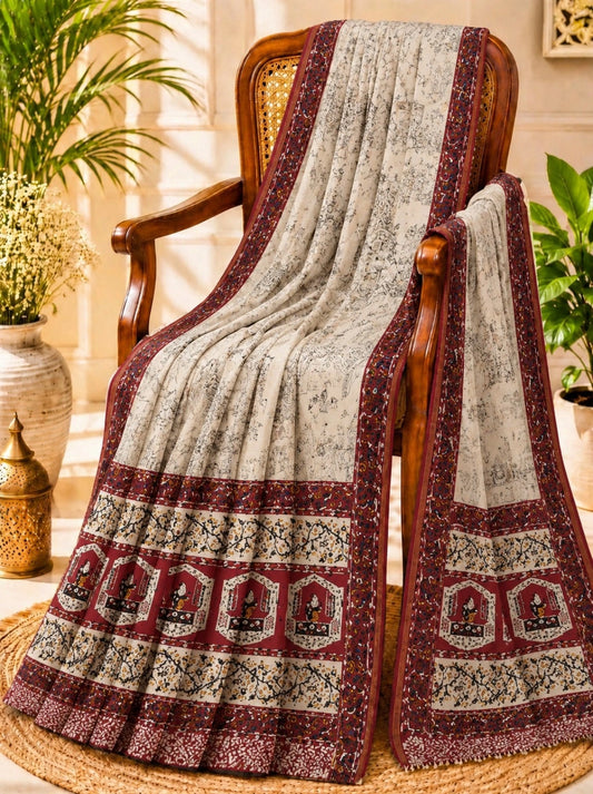 Chanderi Cotton Saree in Off-White with Maroon Heritage Border and Traditional Figurative Print Design