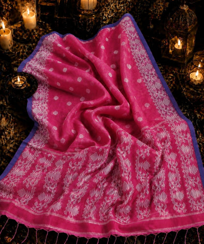 Pink Muslin Jamdani Saree with White Traditional Woven Motifs & Blue Border