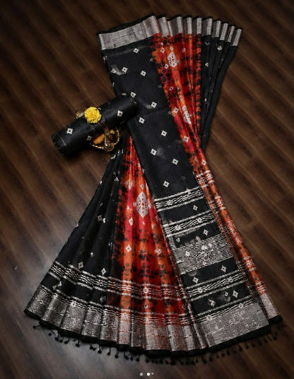 Black & Rust Bandhej Print Linen Saree with Silver Woven Border