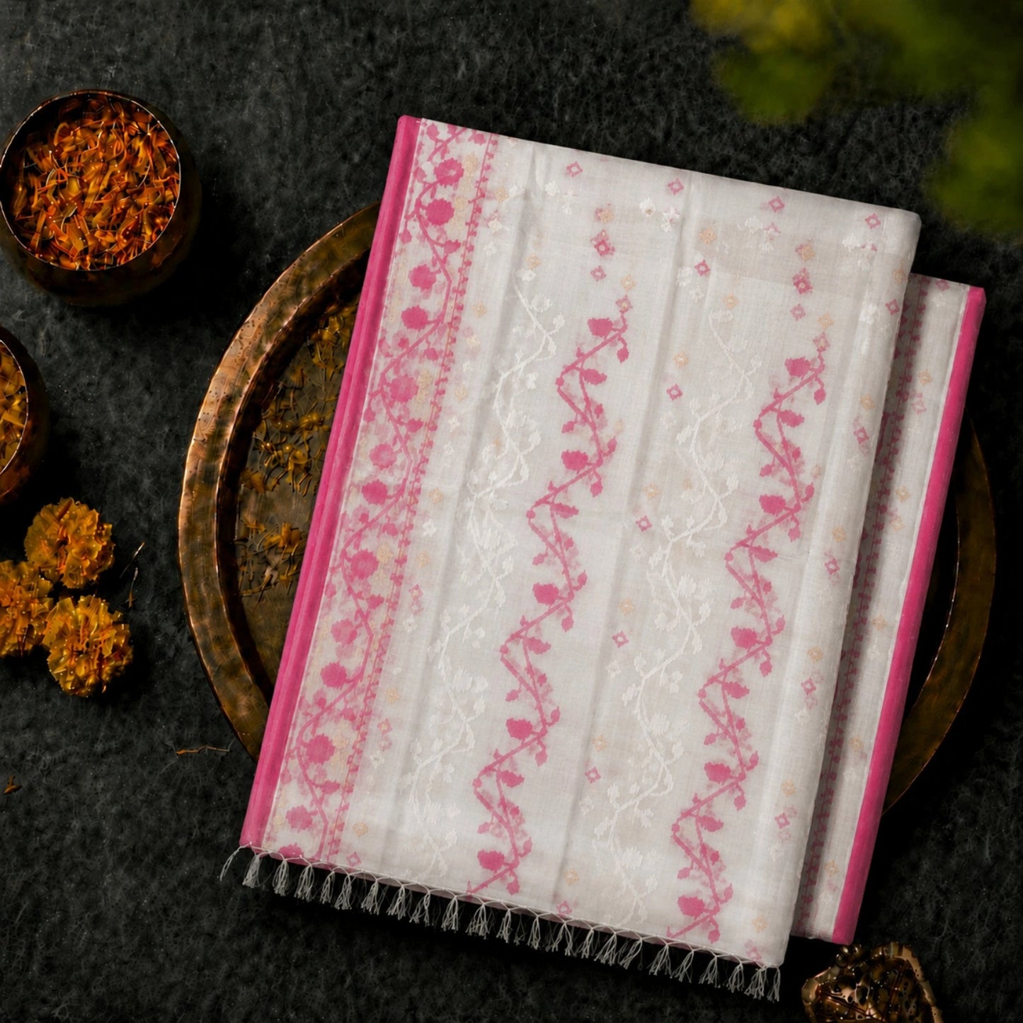 Off White & Pink Muslin Jamdani Saree with Floral Vine Woven Design and Contrast Border