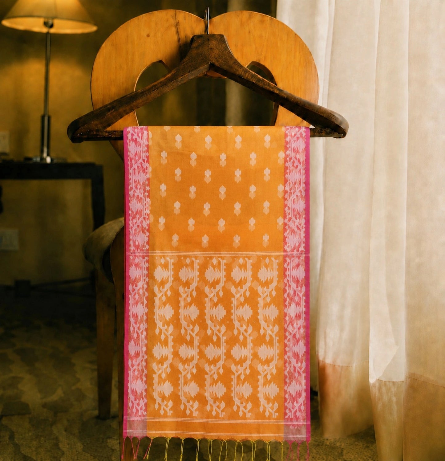 Mustard Orange Muslin Jamdani Saree with White Geometric Woven Motifs & Pink Border