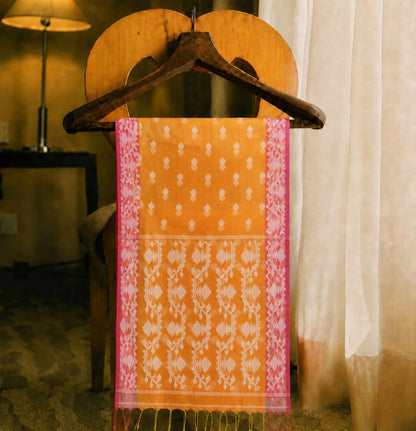 Mustard Orange Muslin Jamdani Saree with White Geometric Woven Motifs & Pink Border