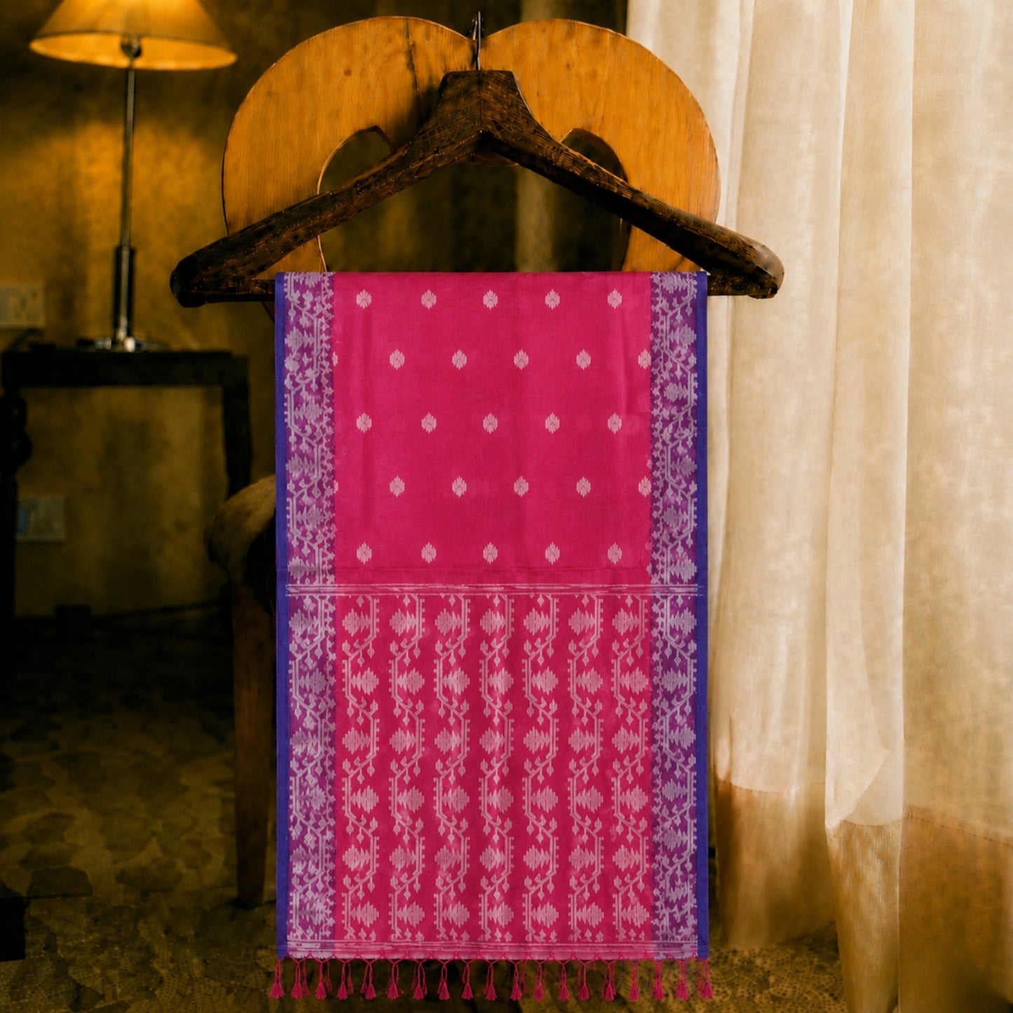 Pink Muslin Jamdani Saree with White Traditional Woven Motifs & Blue Border