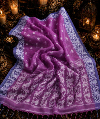 Purple Muslin Jamdani Saree with White Floral Buti & Traditional Geometric Border