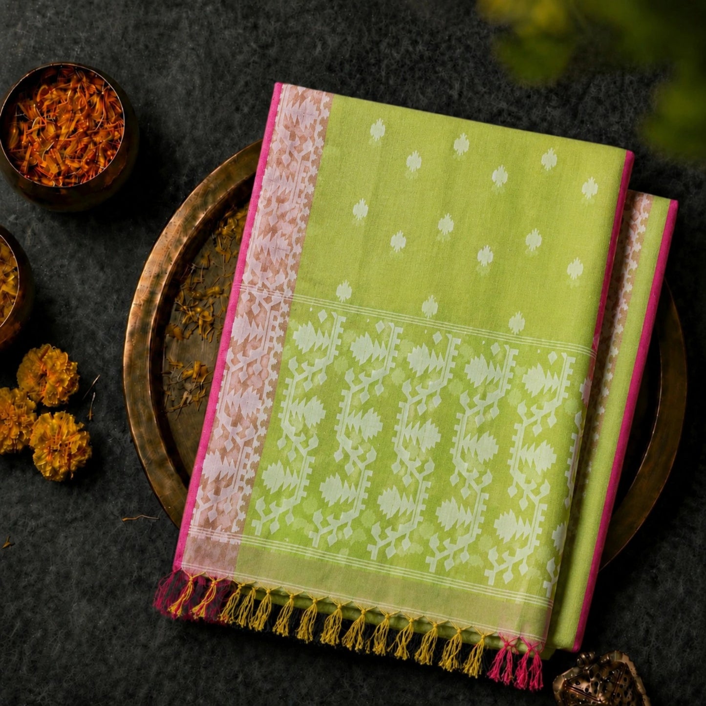 Lime Green Muslin Jamdani Saree with White Traditional Woven Motifs & Pink Border