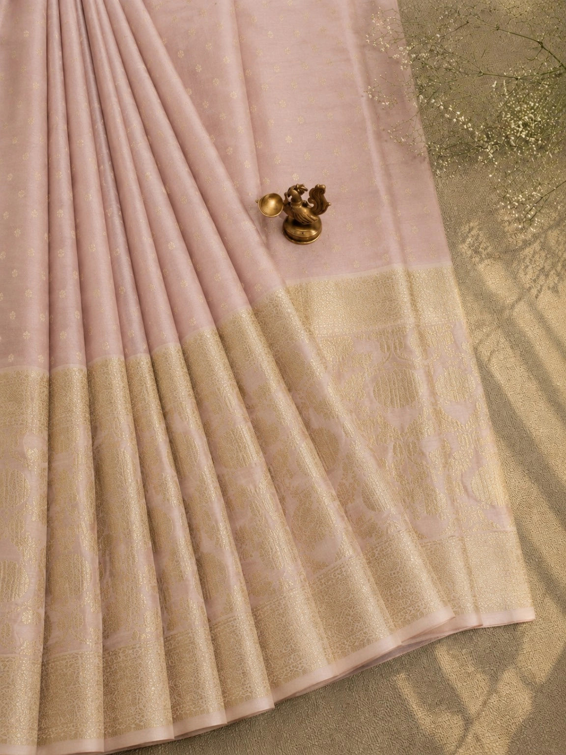 Pure Chandari Khadi Benarasi Saree in Blush Pink with Gold Woven Border & Buti Design
