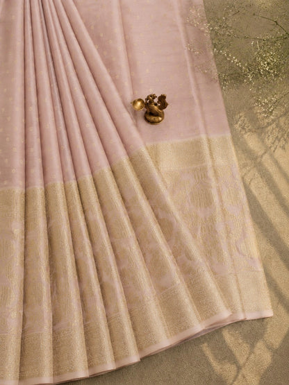 Pure Chandari Khadi Benarasi Saree in Blush Pink with Gold Woven Border & Buti Design