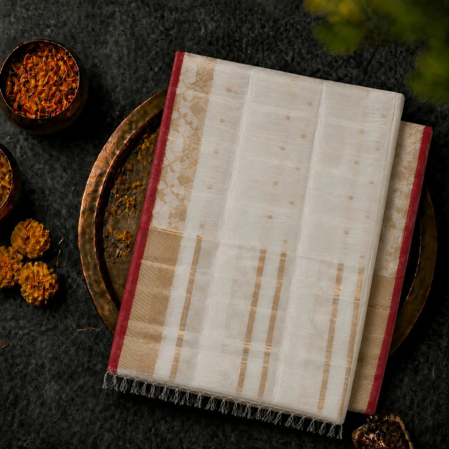 Off White Muslin Jamdani Saree with Gold Buti Work and Red Temple Border