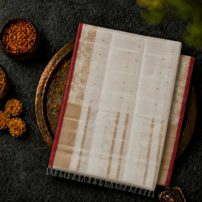Off White Muslin Jamdani Saree with Gold Buti Work and Red Temple Border