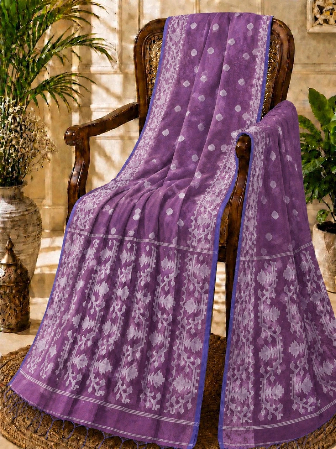 Purple Muslin Jamdani Saree with White Floral Buti & Traditional Geometric Pallu