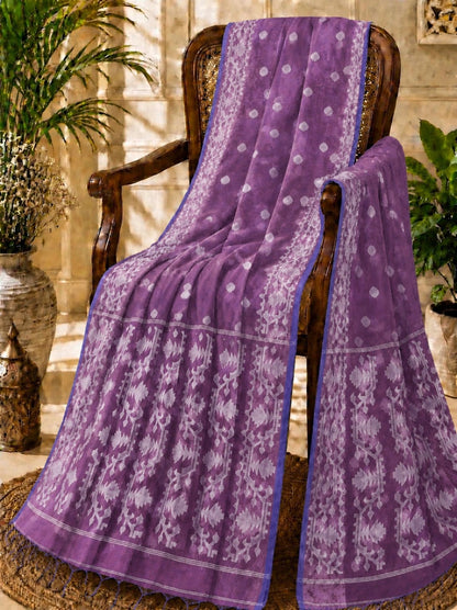 Purple Muslin Jamdani Saree with White Floral Buti & Traditional Geometric Pallu
