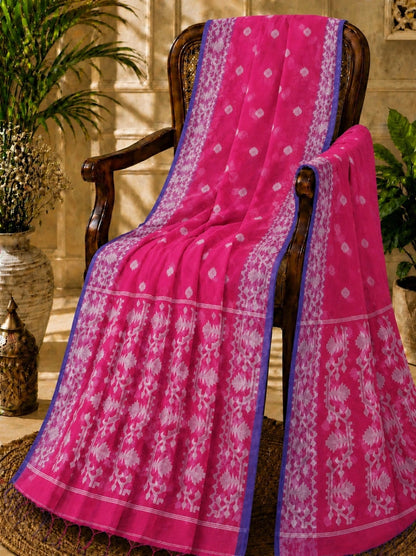 Pink Muslin Jamdani Saree with White Traditional Woven Motifs & Blue Border