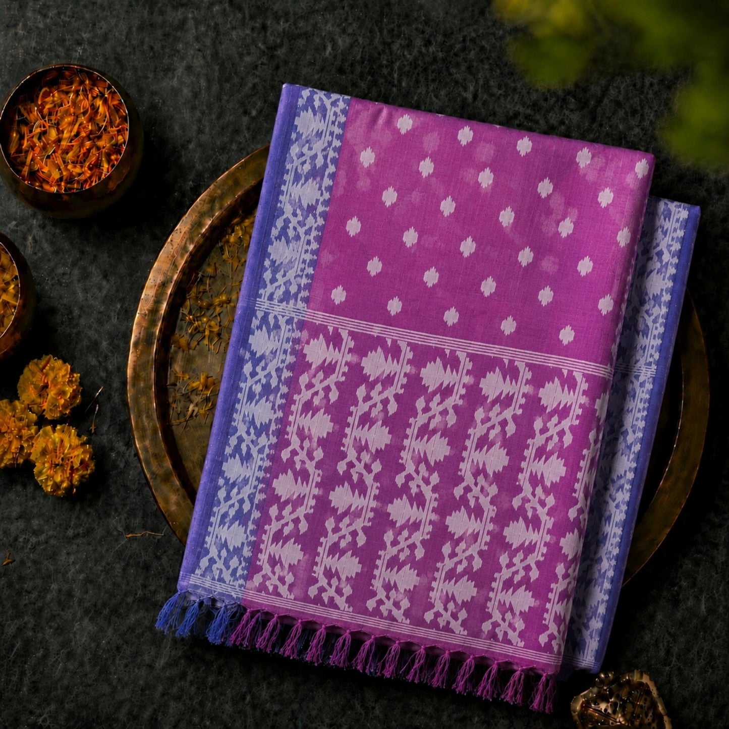 Purple Muslin Jamdani Saree with White Floral Buti & Traditional Geometric Border