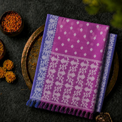Purple Muslin Jamdani Saree with White Floral Buti & Traditional Geometric Border